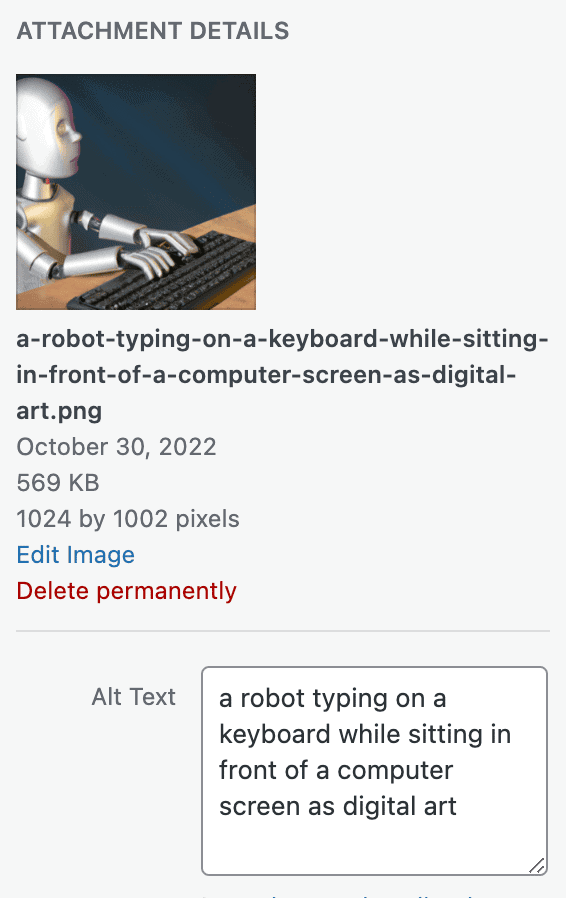 Adding alt text to an image uploaded to a WordPress website