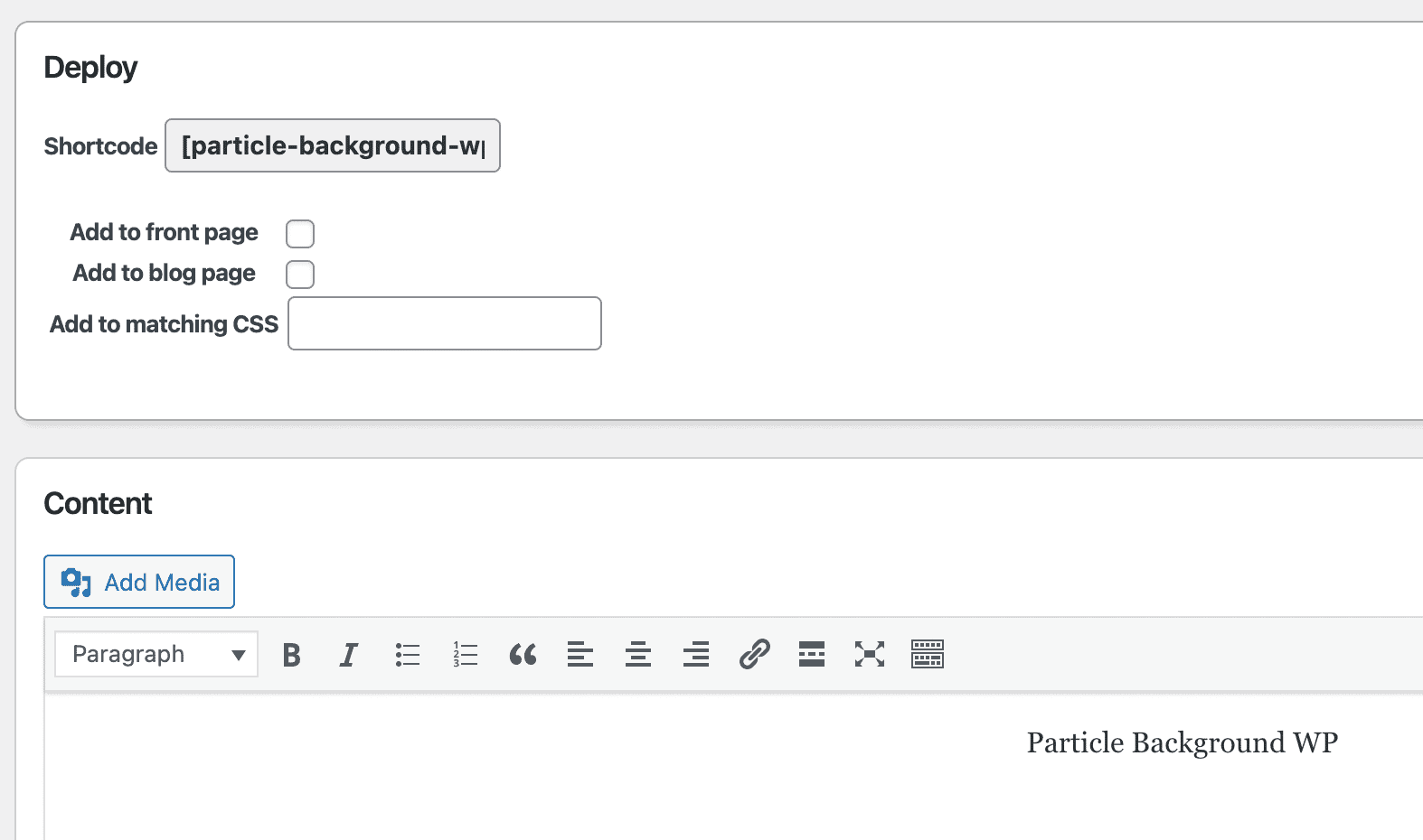particle background WP plugin settings page