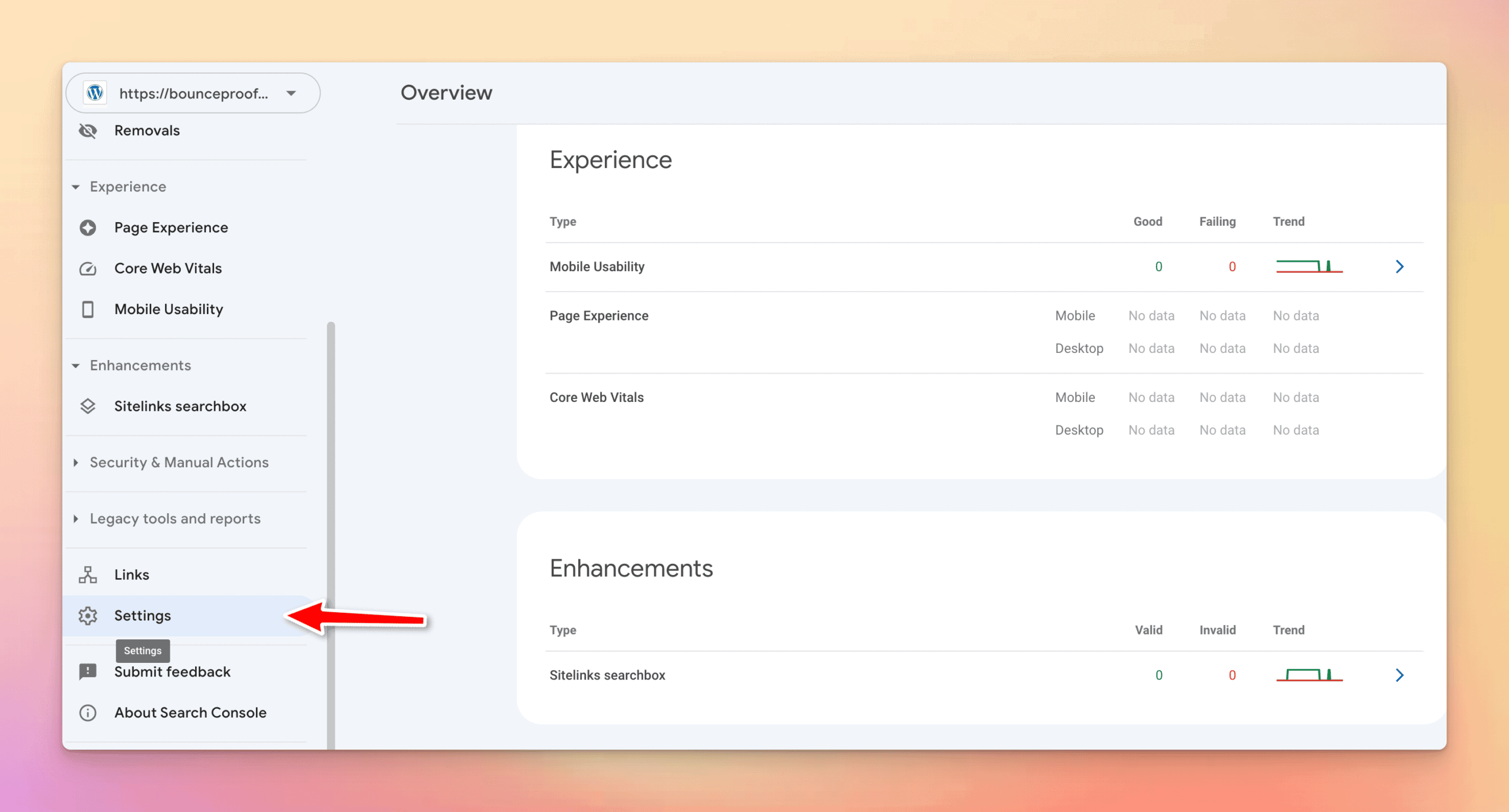Google Search Console setting overview page