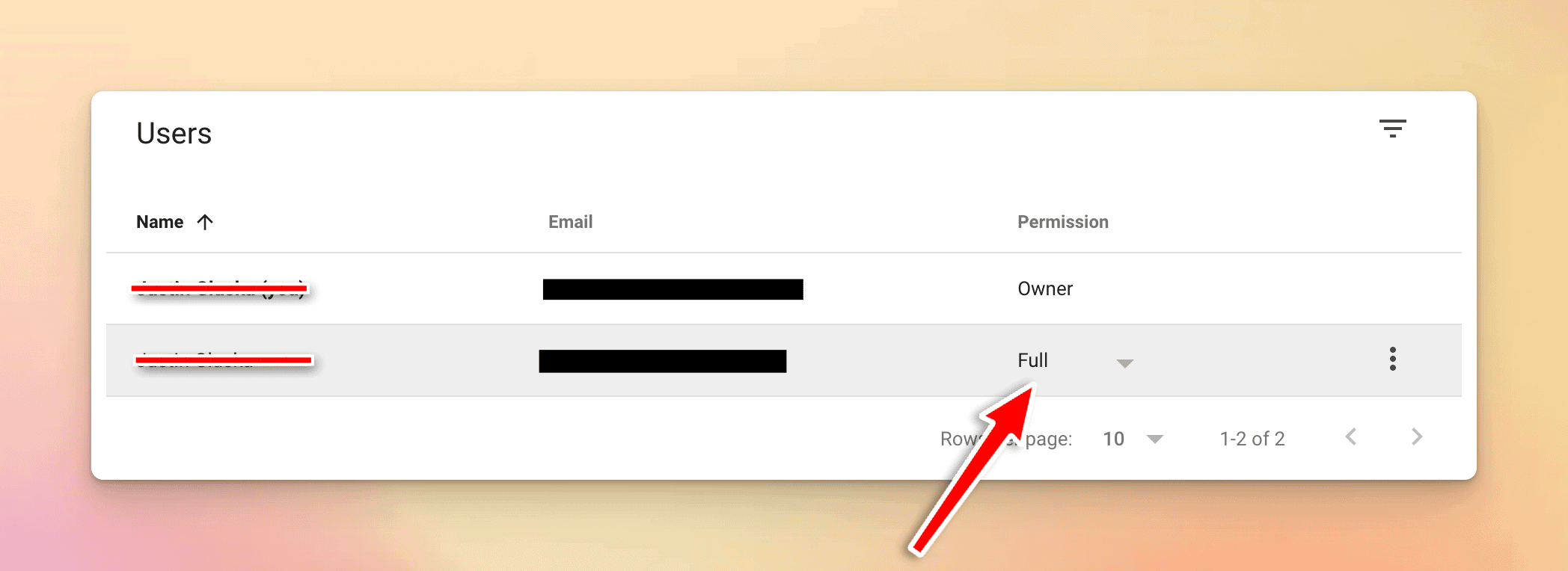 Editing permission status for users in Google Search console