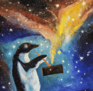 an-expressive-oil-painting-of-a-penguin-writing-on-a-piece-of-paper-depicted-as-an-explosion-of-a-nebula
