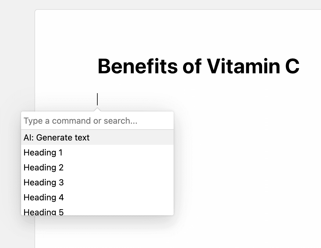 command menu in lex.page, showing AI generated text & heading options