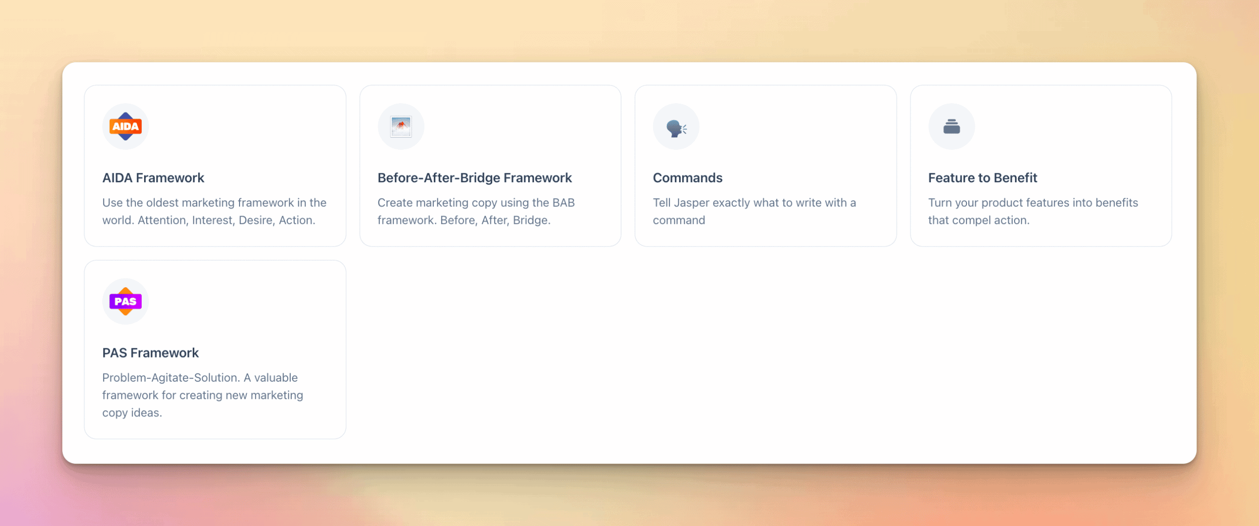 Public Relations templates for Jasper: AIDA, Before After, Commands, Feature to Benefit, and PAS
