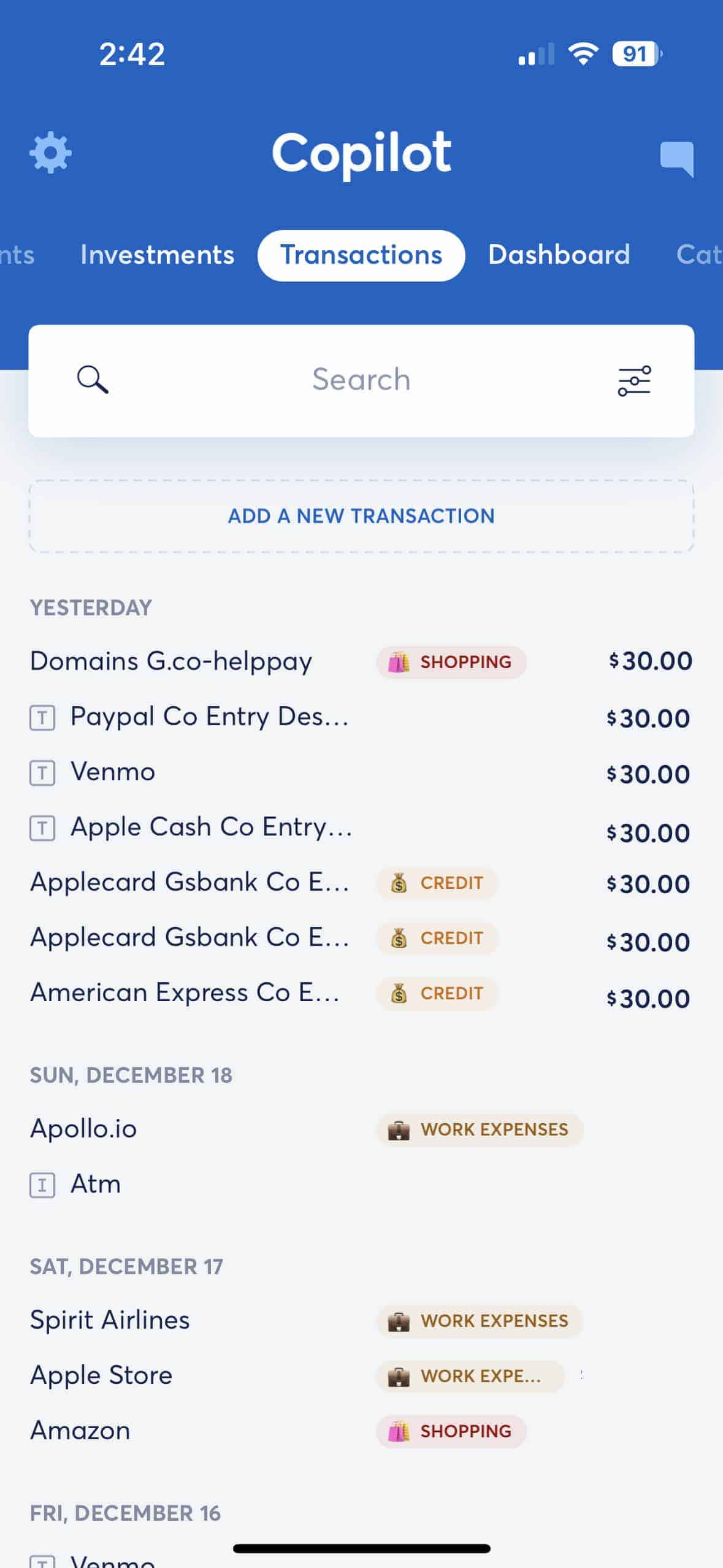 copilot transaction overview page on mobile copilot app