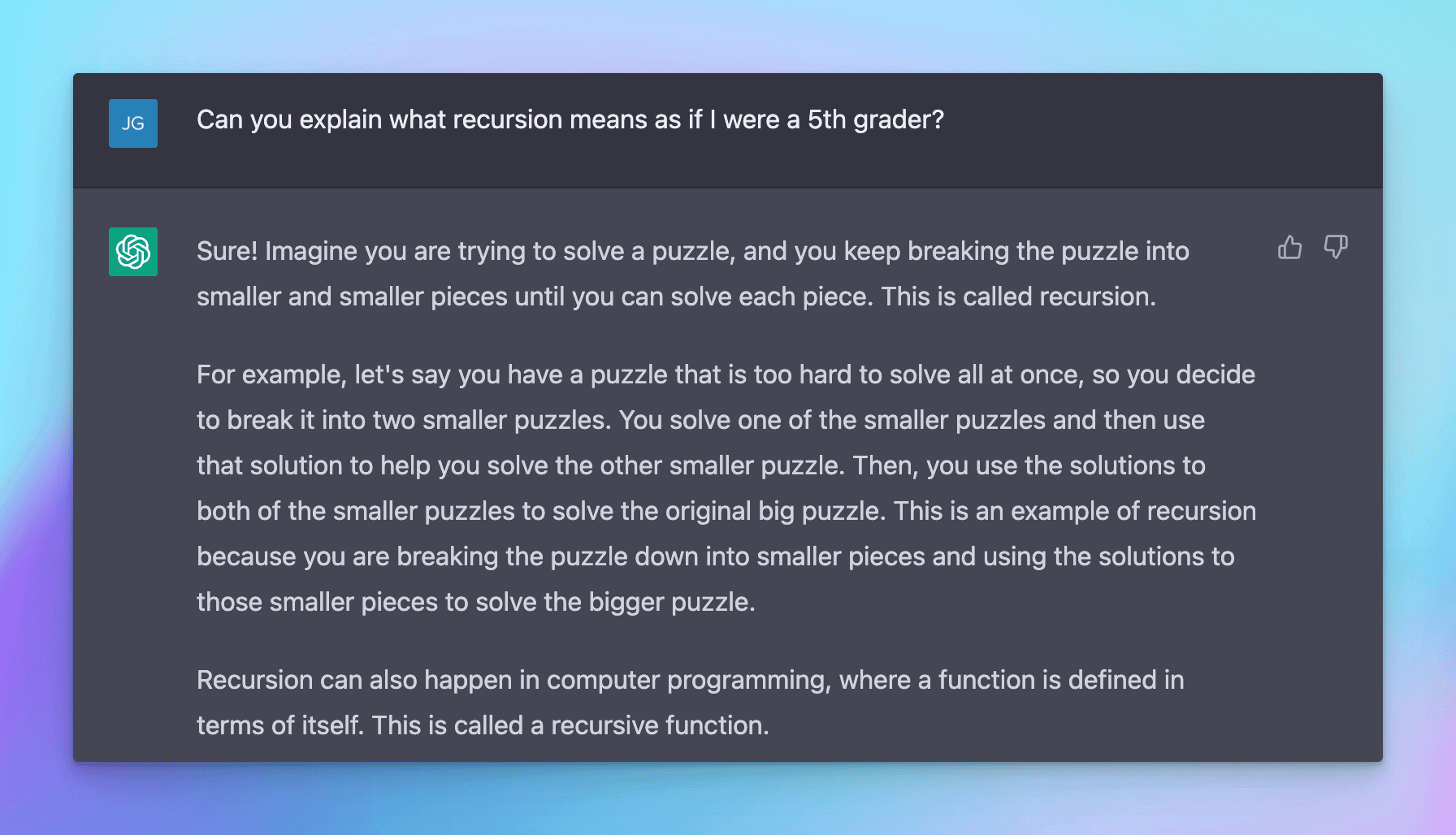 ChatGPT explaining recursion (programming concept) in a simple and easy way of understanding