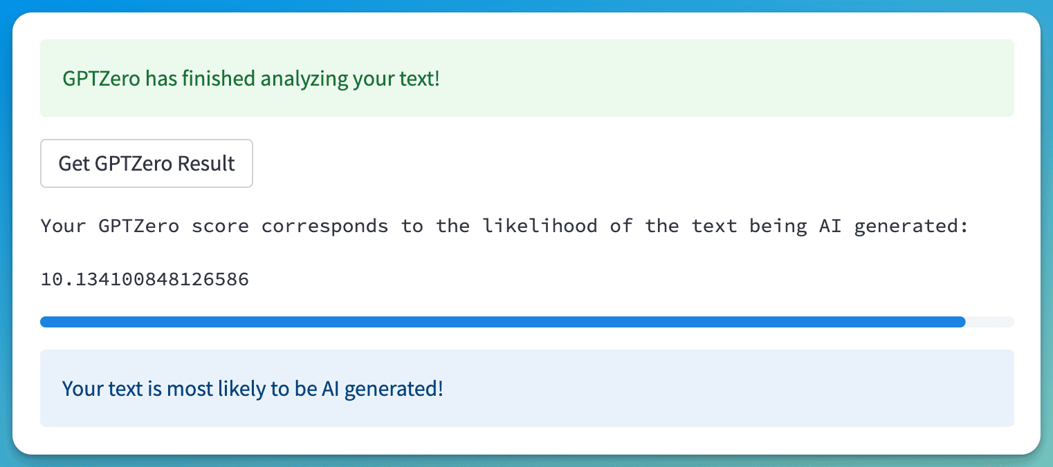 GPTZero result for AI generated content (it detected AI)