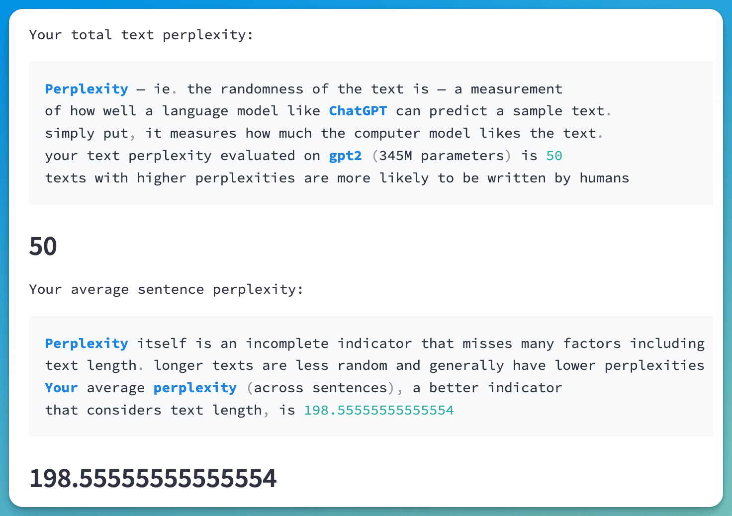 GPTZero Thesis result returning 50. More likely text to be produced by a human