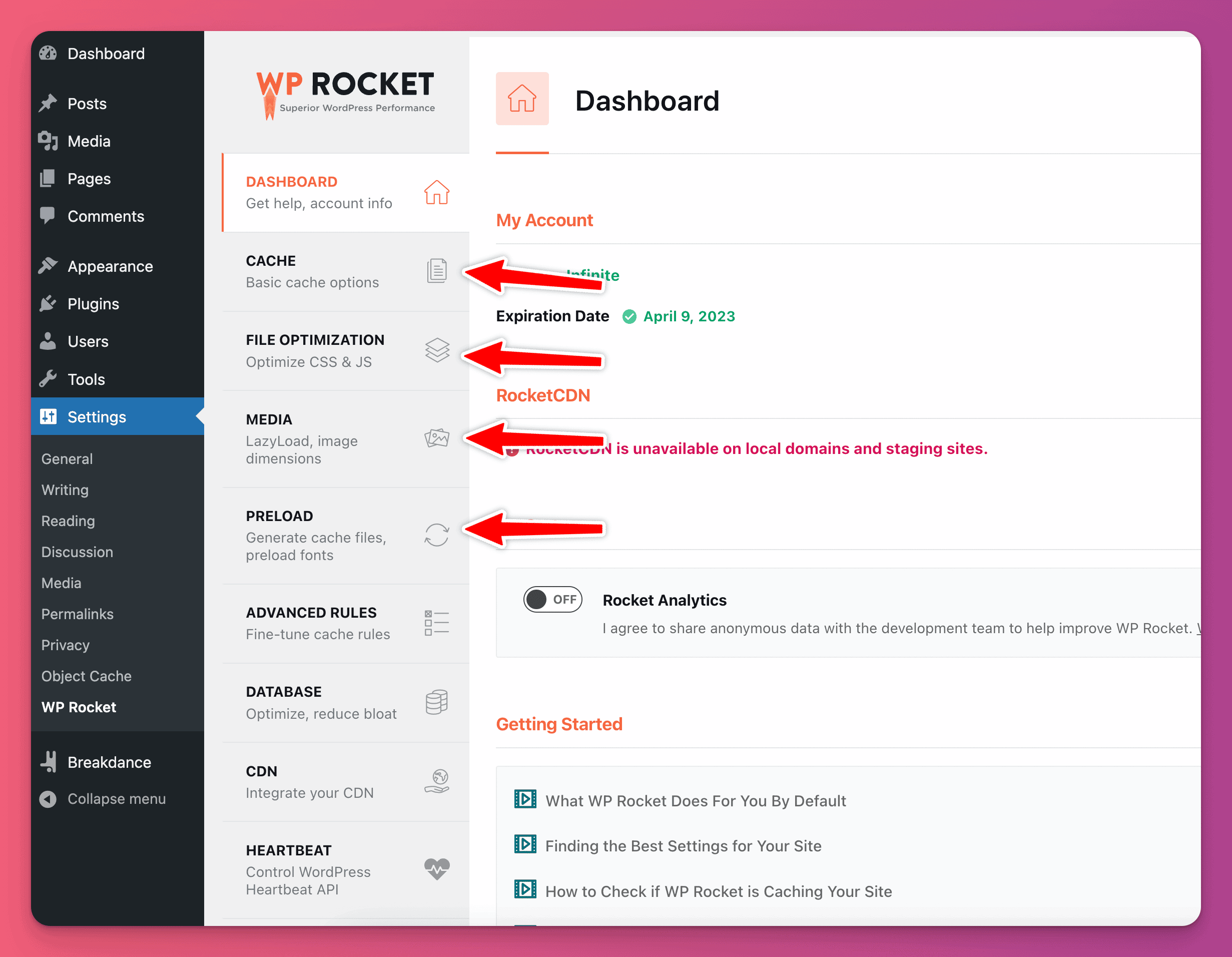 WPRocket settings to optimize with Breakdance builder include cache, file optimization, media, and preloading settings.
