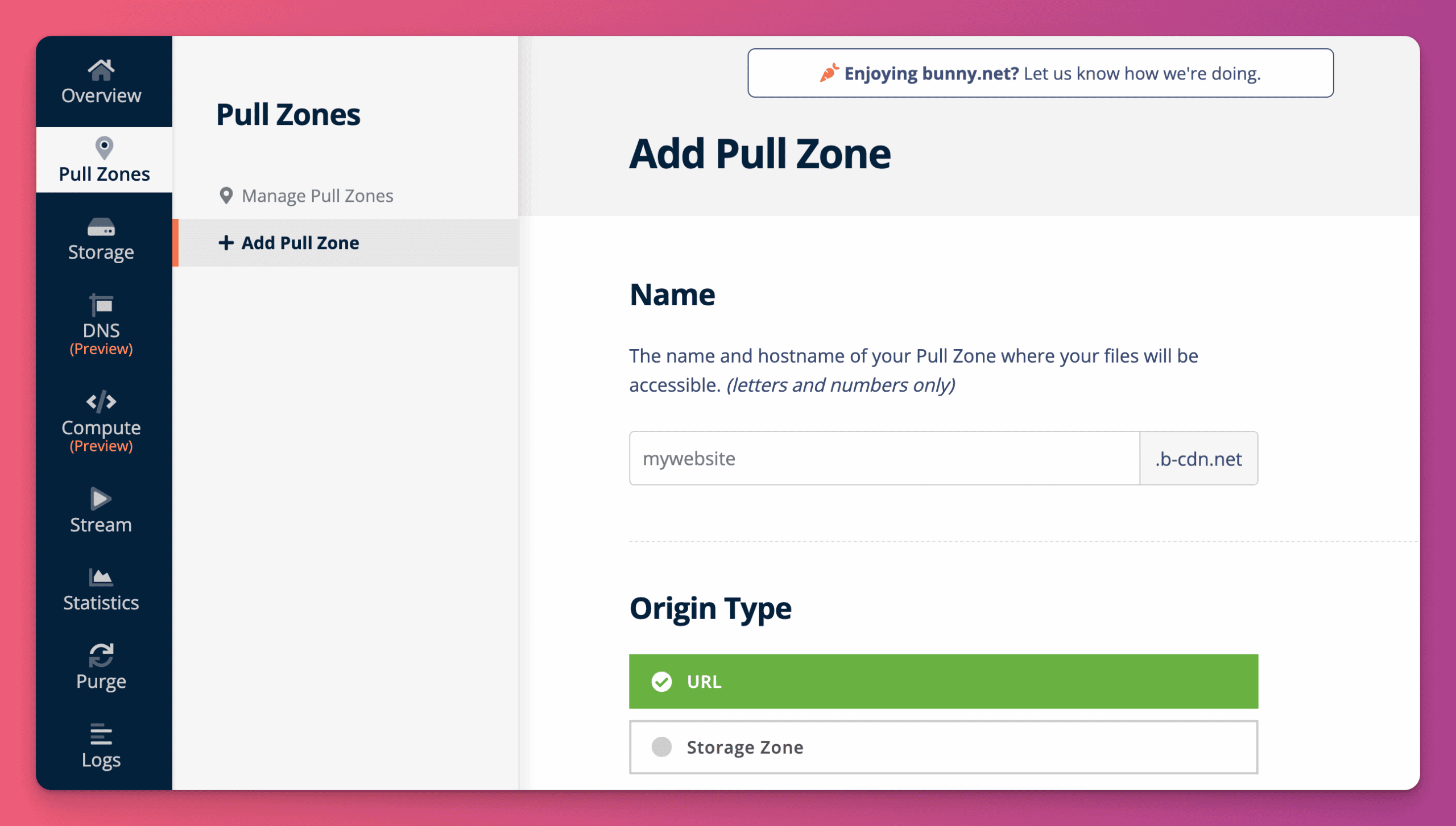 Bunny CDN pull zone creation