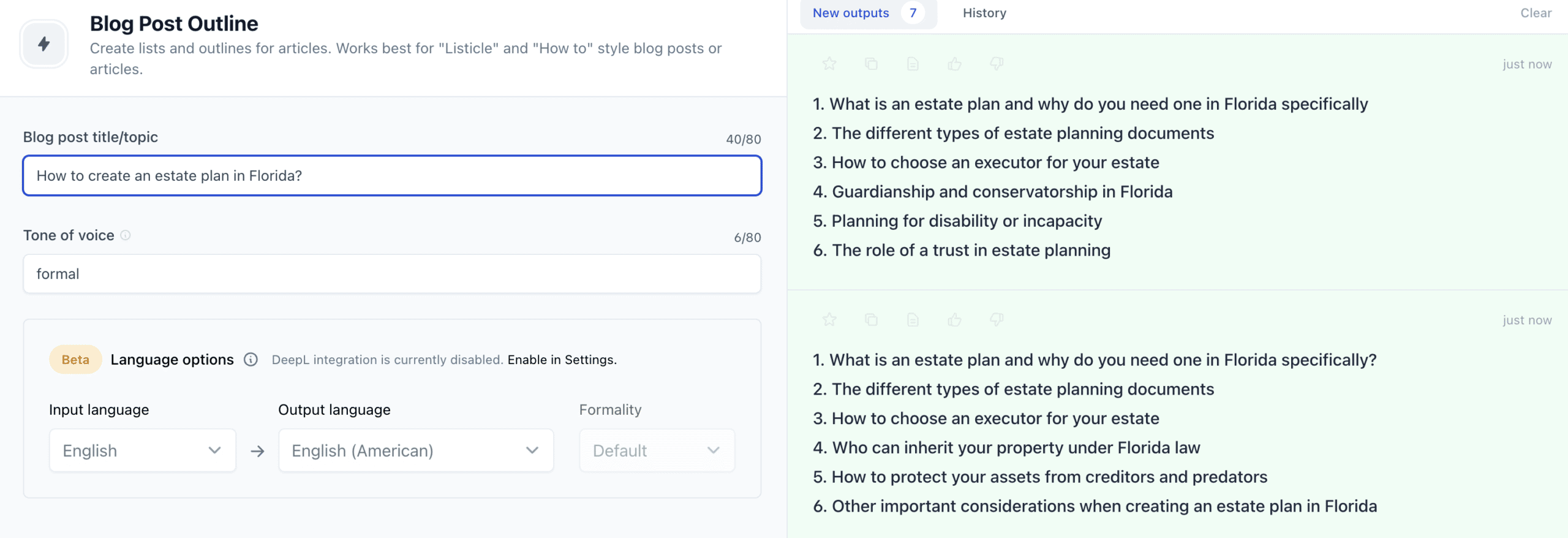 Blog post product outline using Jasper AI