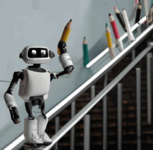 a robot holding a pencil going up an escalator of other robots holding a pencil. photorealistic but simple environment photo in 4k