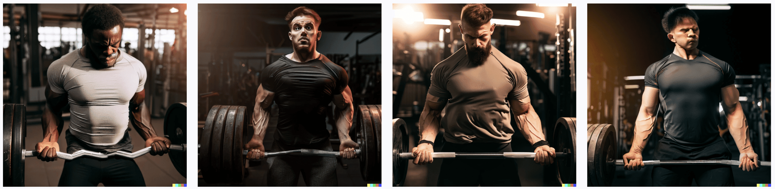 DALL-E 2 experimental update image of a man powerlifting in the gym looking tired and stressed out ohlding weights in his hands