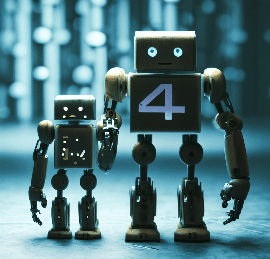 a robot standing next to a little robot brother. both holding hands. the bigger robot has a 4 marked on him, while the younger one has a 3