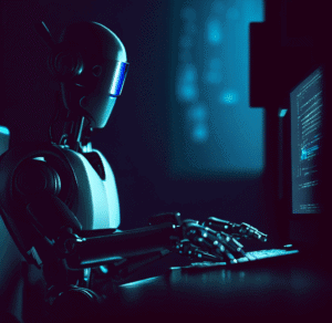 a robot typing on a computer in a dark, dim-lit room with blue colors