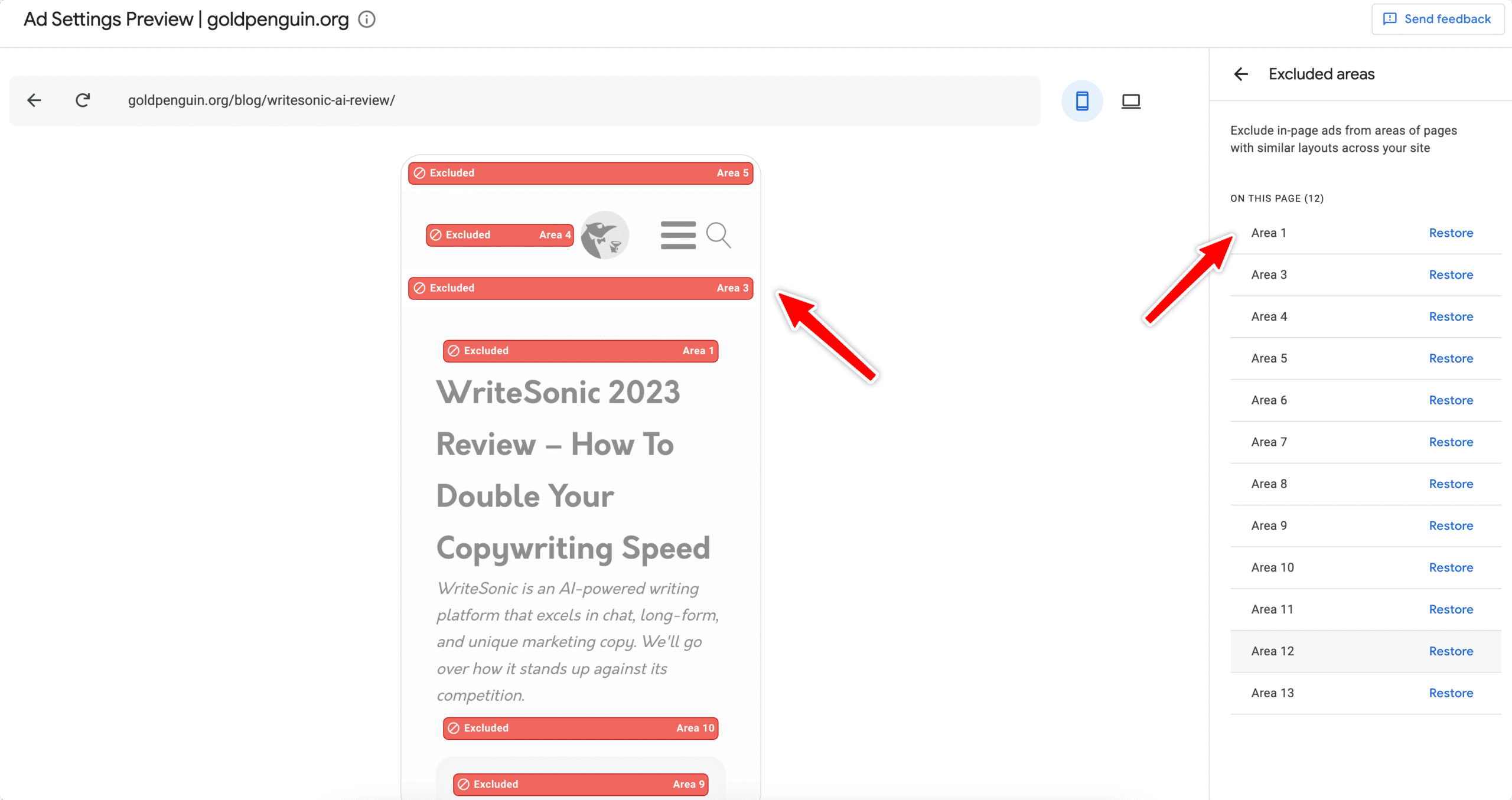 excluding mobile ads for google adsense to reduce CLS by selecting page areas on mobile