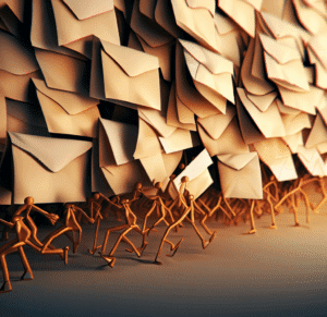 a bunch of envelope letters with stick figure legs running in a marathon, digital art 4k