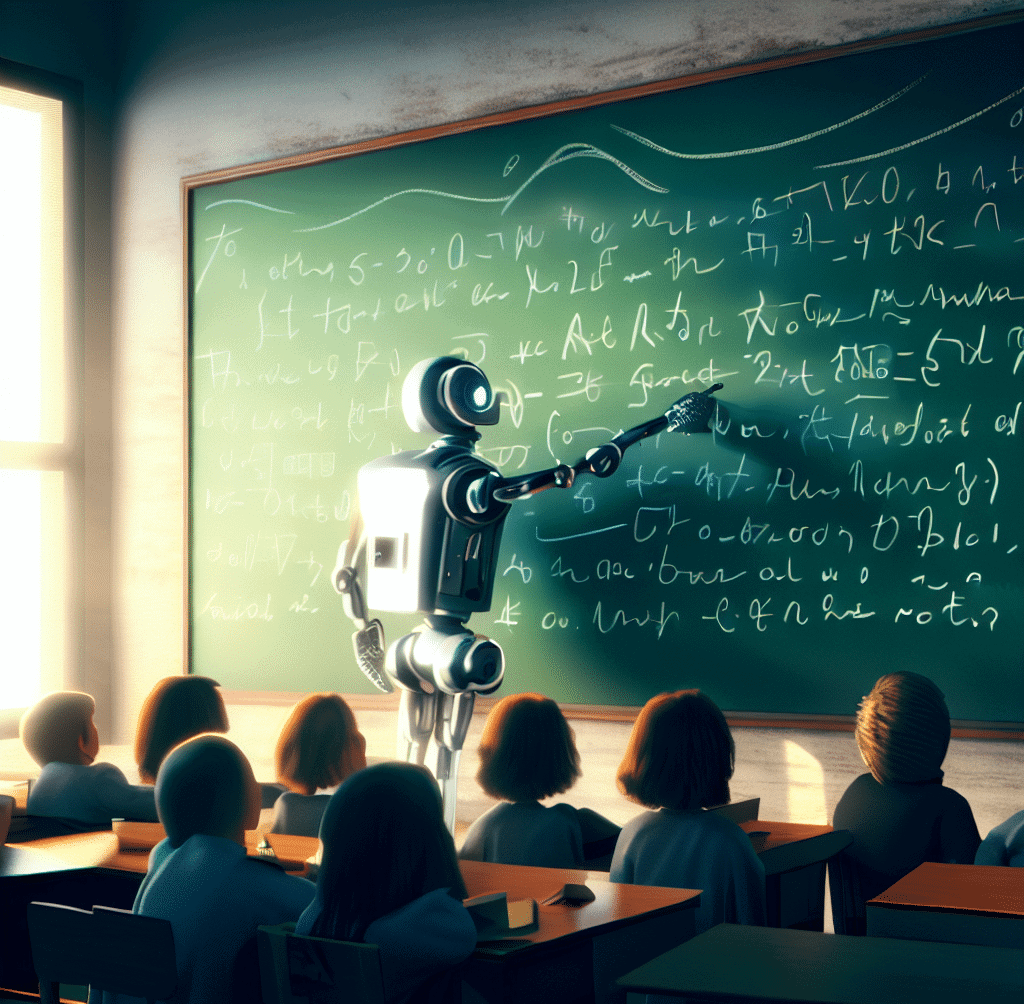 a chalkboard in a school getting written on by a robot teaching a class full of schoolchildren, digital art in 4k