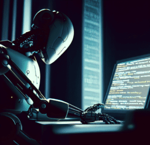 a robot coding on a laptop in a dark room, as digital art in 4k