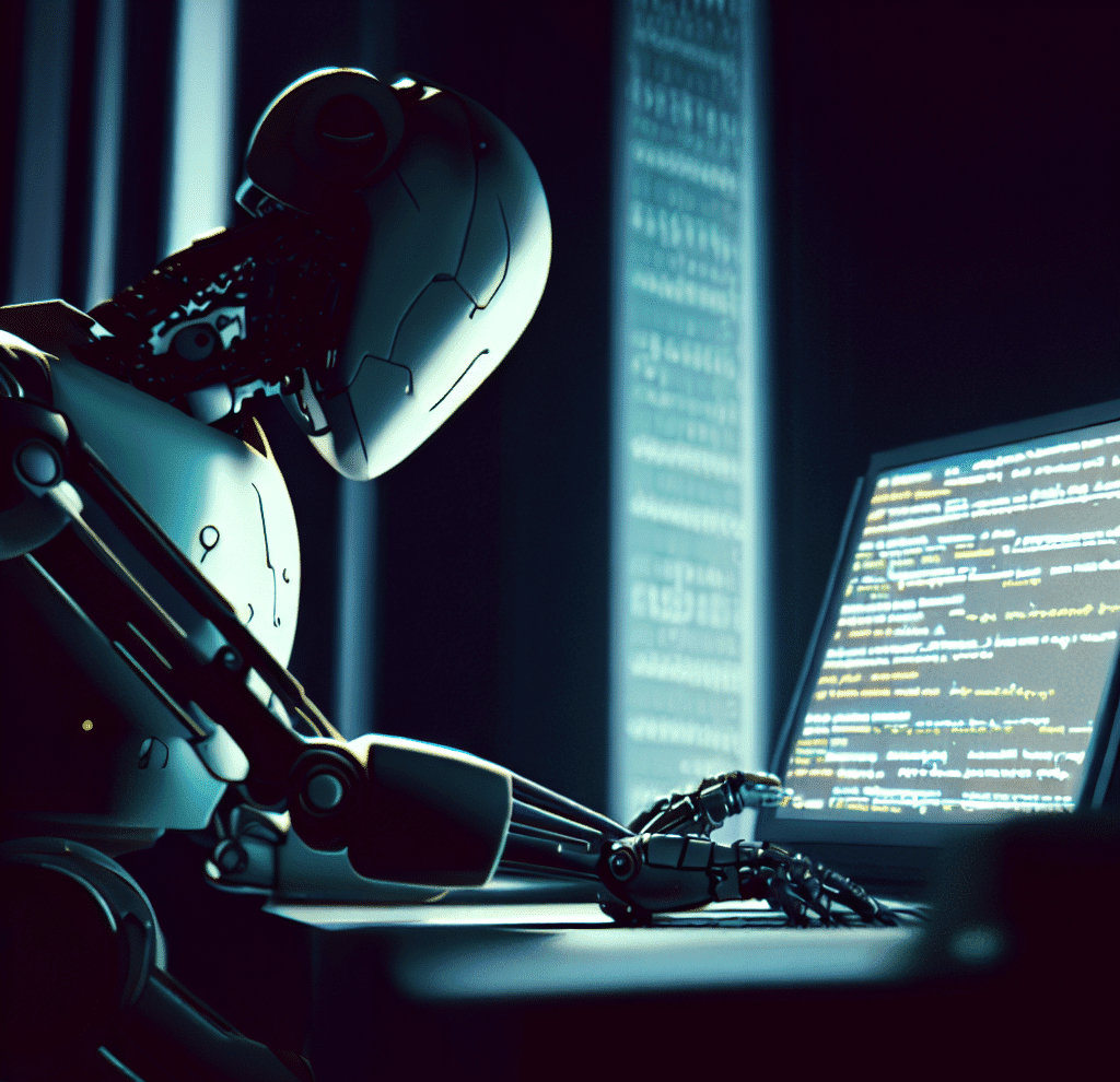 a robot coding on a laptop in a dark room, as digital art in 4k