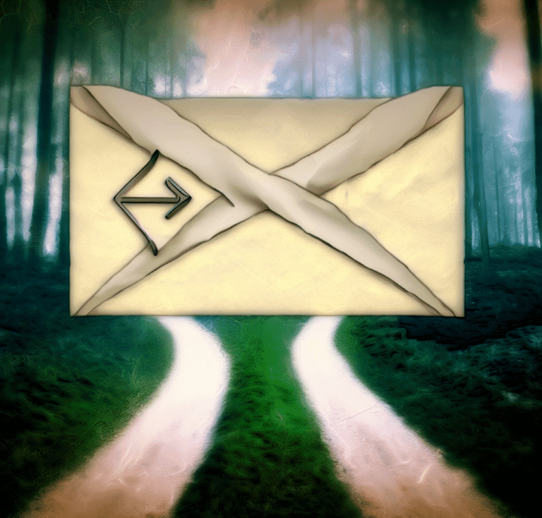 an envelope email at the crossroad of two different paths on a trail in the woods as digital art
