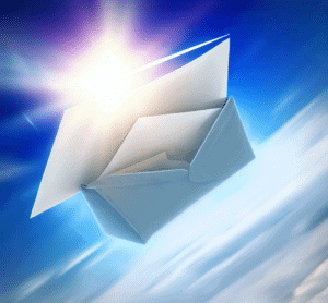 an envelope flying through the sunny, blue sky as realistic digital art