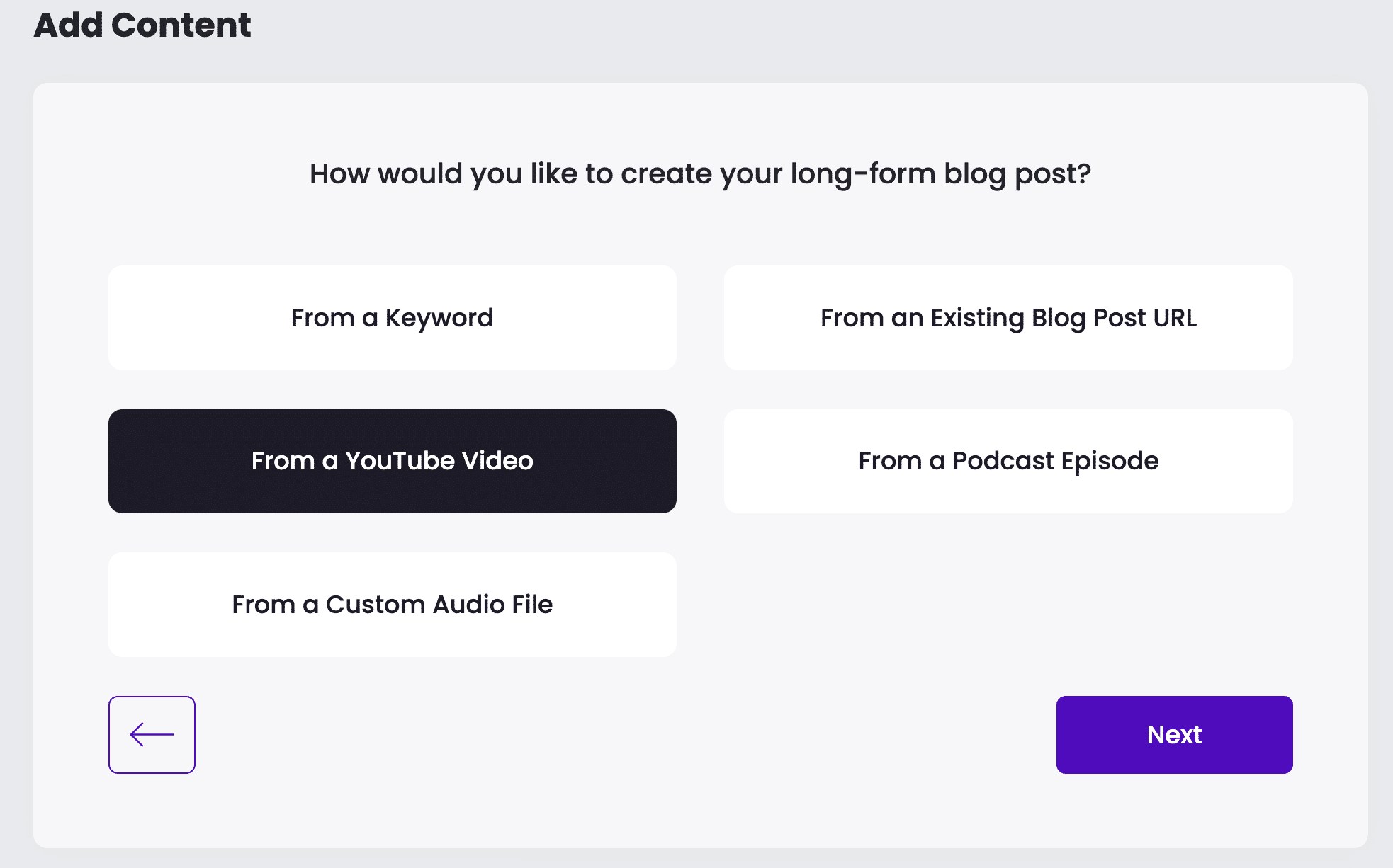 Add content to use Content at Scale to turn a YouTube video into a fully-created, SEO-optimized blog post