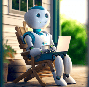 a friendly and cute robot sitting in a lawn chair on his porch typing on his laptop as photorealistic 4k digital art