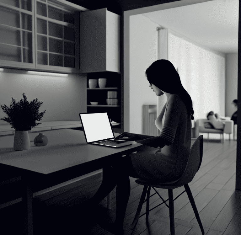 a mom sitting at a desk on her laptop inside a house as a photorealistic 4k hd picture