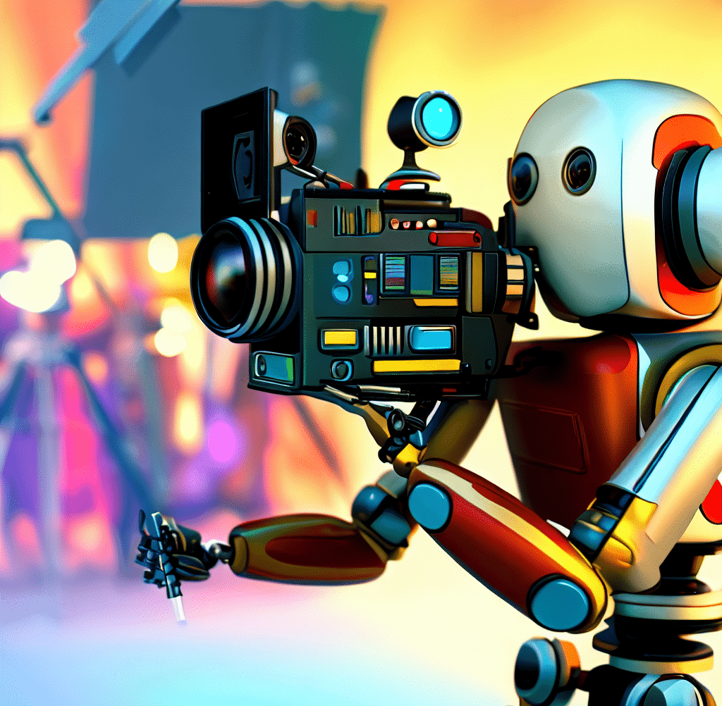 a robot filming a movie set holding a big video camera as playful, colorful digital art 4k