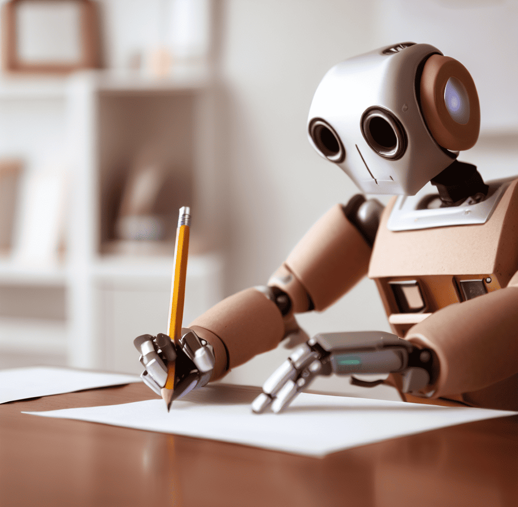 A robot holding a pencil while writing on a piece of paper while sitting at a desk in their home, made with DALL-E 2