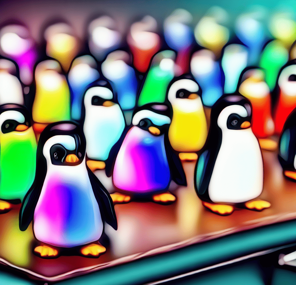 dynamic penguins - a couple dozen of small penguins in different colors sitting at their own desk in a classroom as digital art, 4k