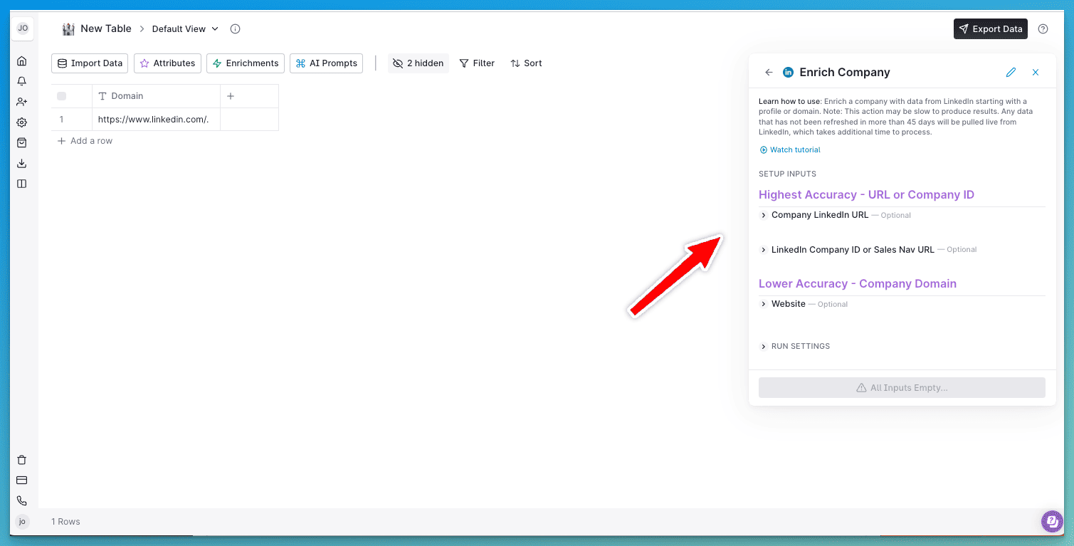 Entering in custom data to enrich a LinkedIn Company with clay.com