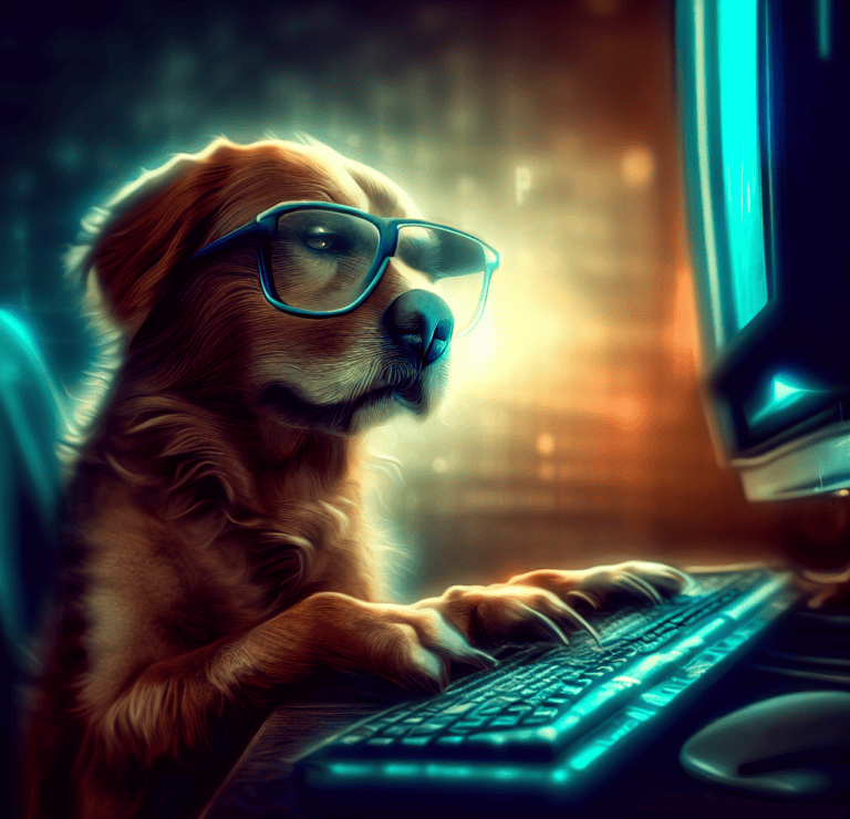 a dog with glasses sitting in front of a computer monitor typing on a keyboard as photorealistic digital art