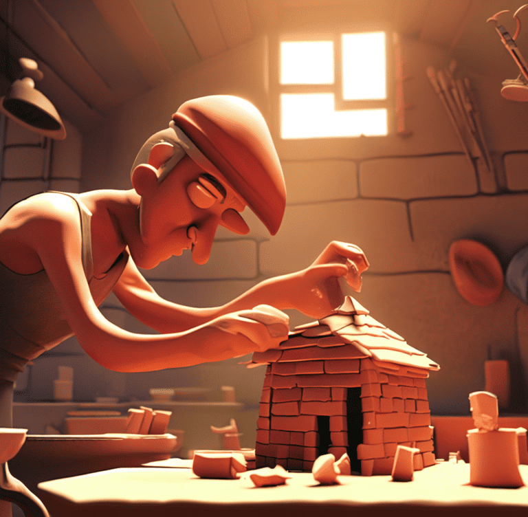 a man building a house out of clay, looks like cartoon, 4k digital art