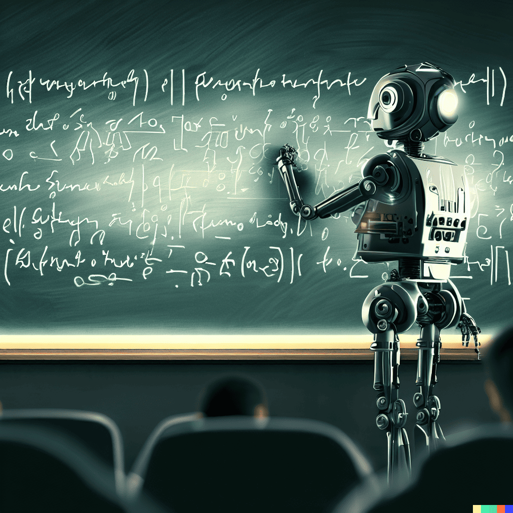 a robot professor writing on a chalkboard in front of a big lecture as 4k digital art