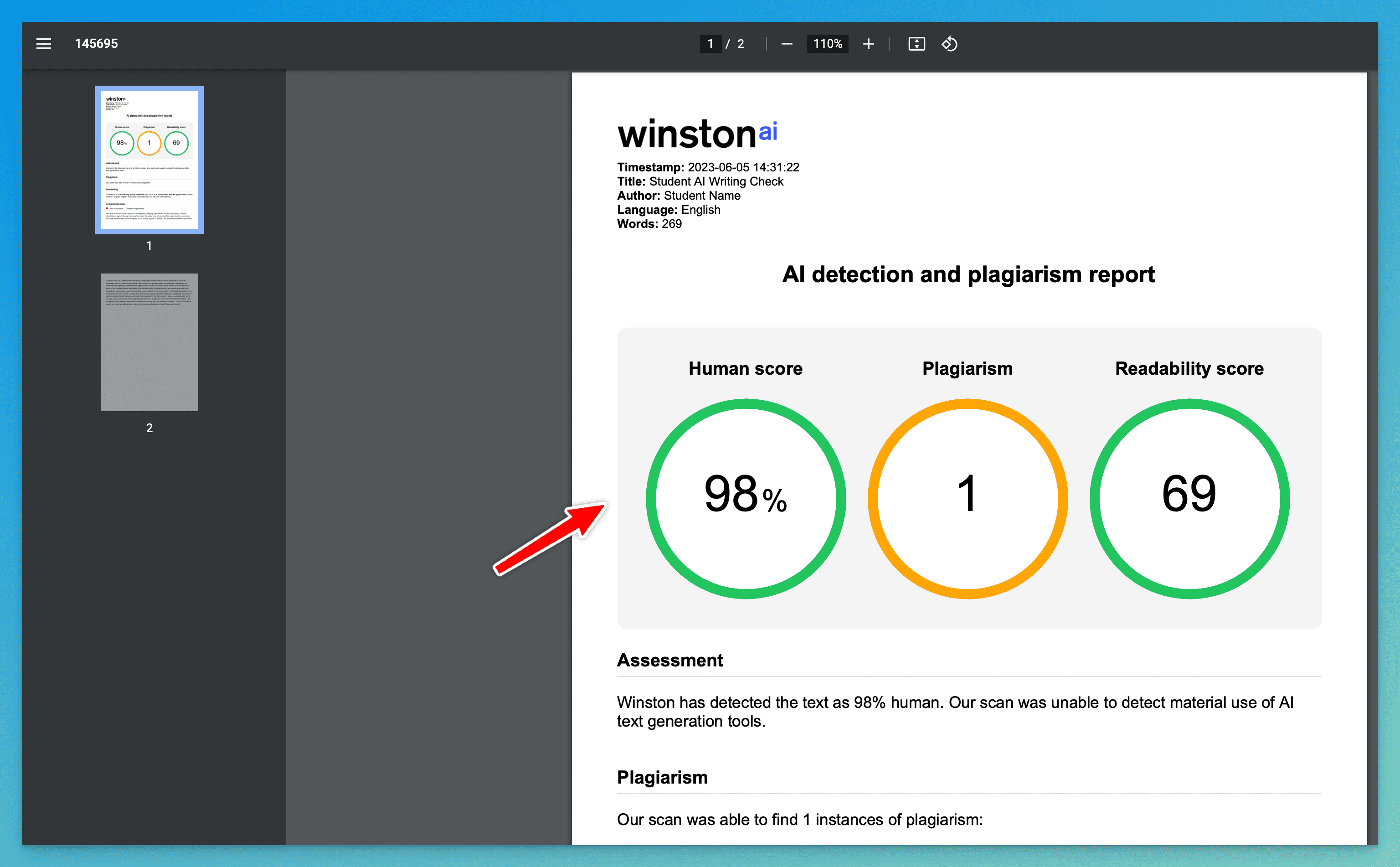 Winston AI detection and plagiarism report for teachers