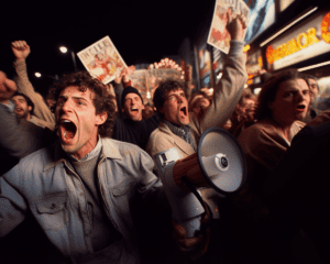 Photo of a group of very agitated street preachers shouting at each other through megaphones on a nighttime LA streetcorner, photo by Nicolai of Midjourney