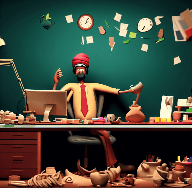 a man sitting at his desk at work, but everything is made of mushy clay like claymation, digital art