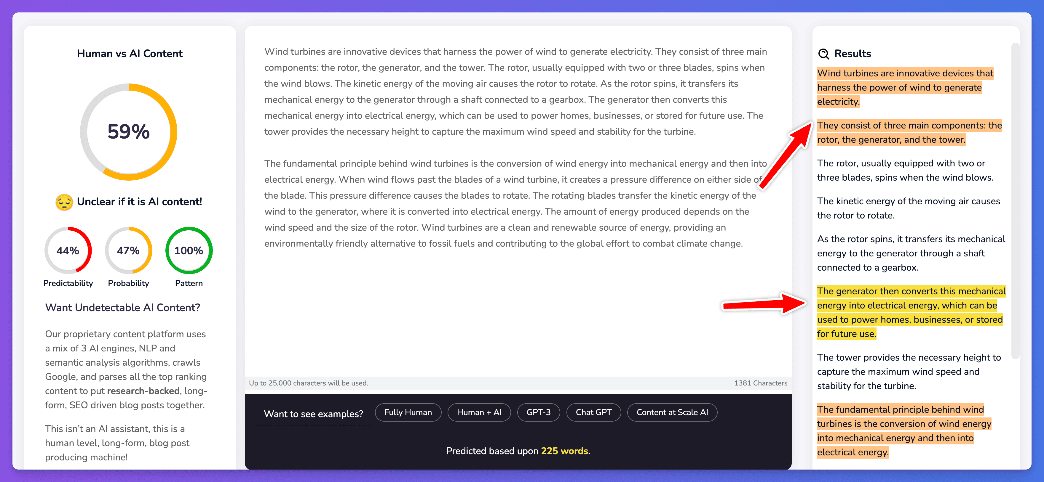 Content at Scale AI detector showing ChatGPT writing as being produced by AI