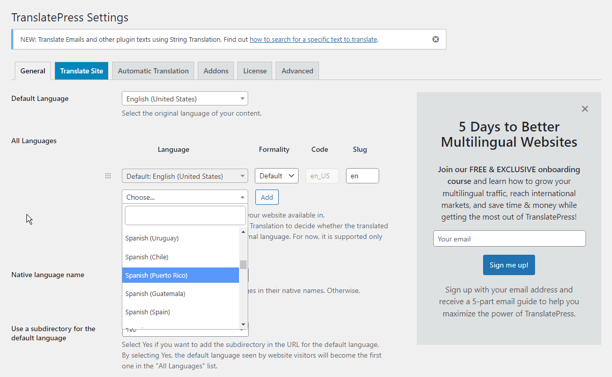 translate site settings