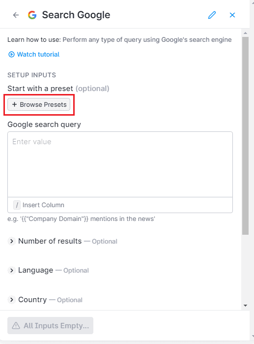 browse presets in search Google