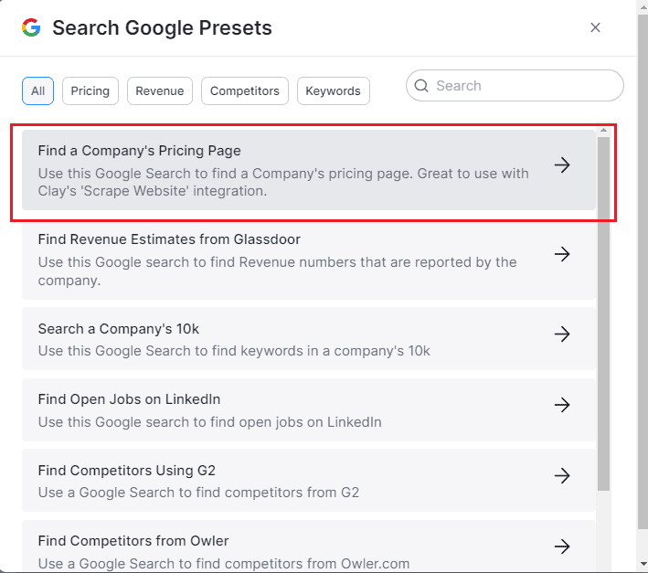 ‘Find a Company’s Pricing Page