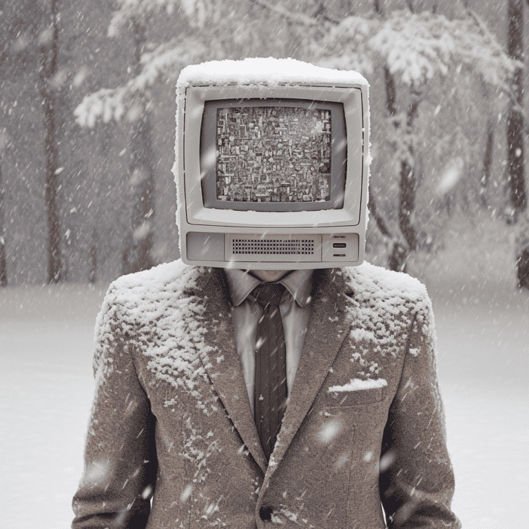 Office worker standing in snow with a head in the form an old computer screen