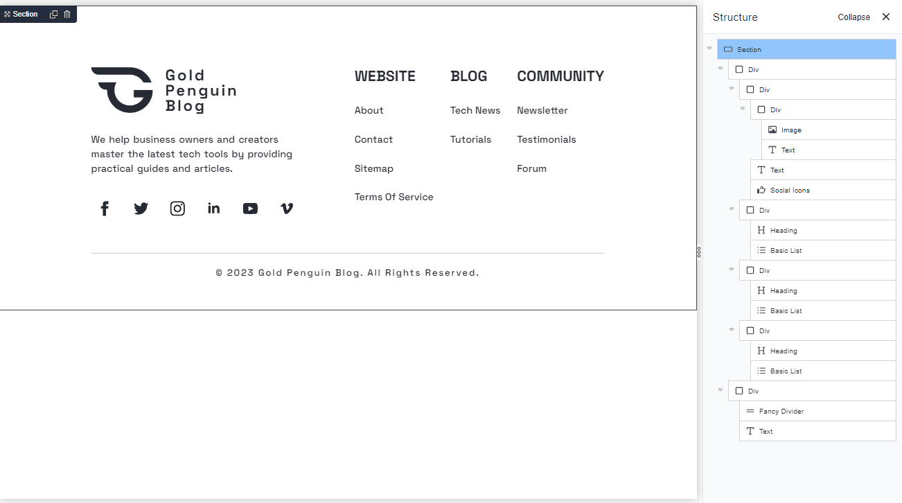 breakdance footer layout