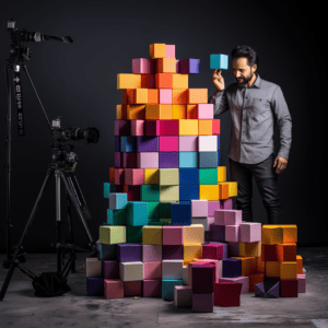 a photohoot taken in a photo studio of a photographer taking pictures of a bunch of square blocks of different colors. image from the side showing the photographer and the block models