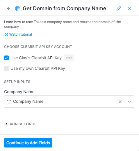Clearbit enrichment tool settings
