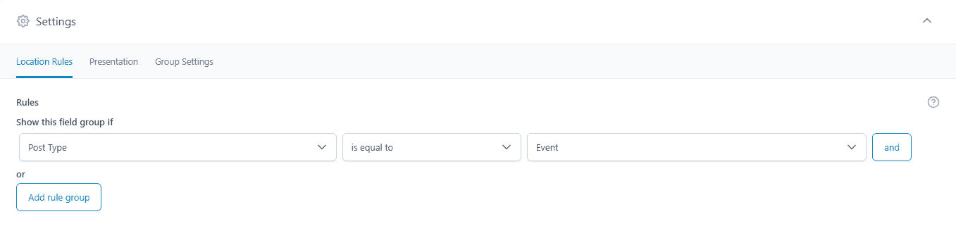 custom fields location rules in ACF