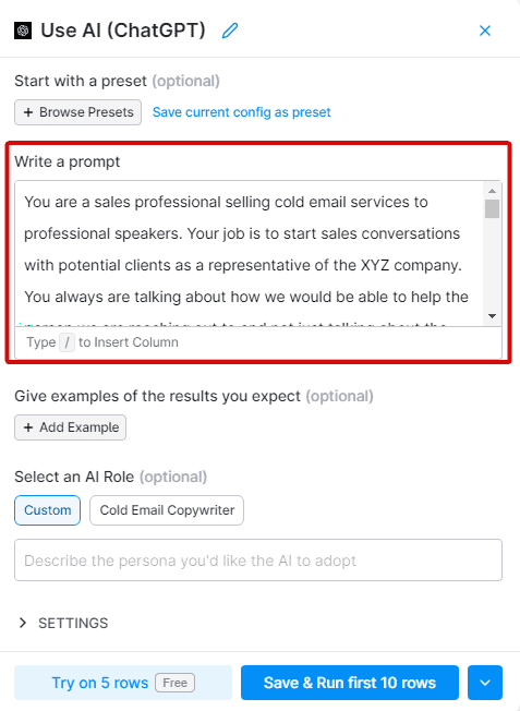 ChatGPT prompt for writing cold email