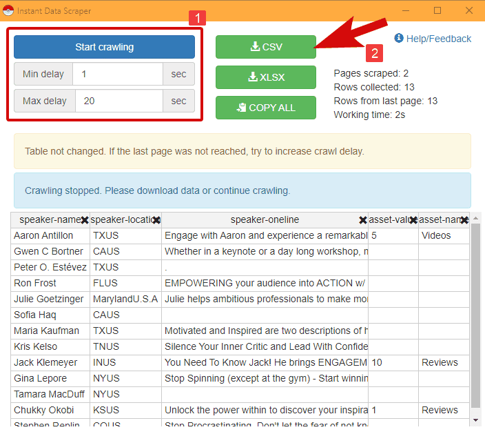 Instant Data Scraper settings