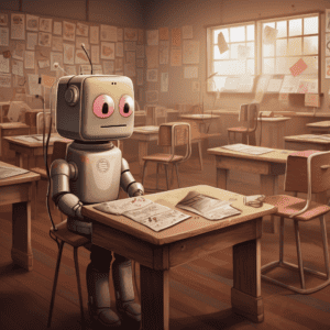 a robot sitting inside a classroom cheating on an exam, as pastel cute digital art